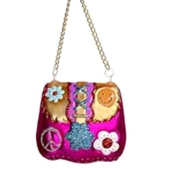 Groovy Handbag Glass Ornament Pink Peace Flower Power Purse 60s Retro Glitter - Picture 2 of 7